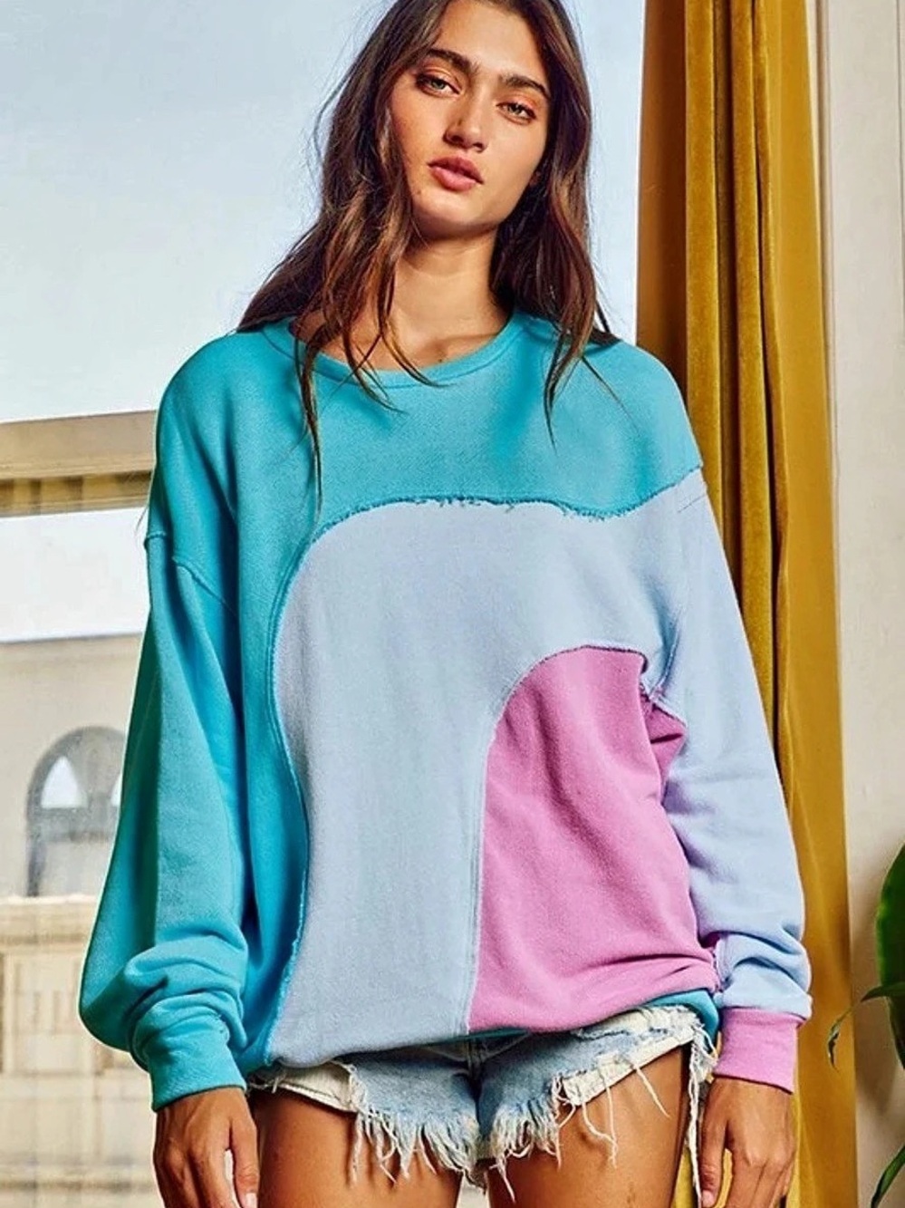 Bucket List Color Block Sweatshirt Blue Pink Size Large